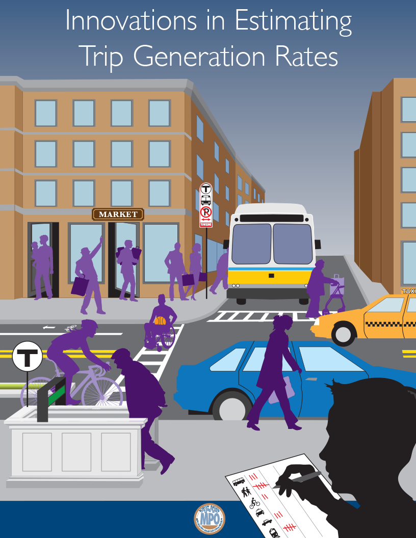 Cover image for report titled Innovations in Trip  Generations. Image shows city street with many people accessing different modes of transportation./></p>
<p class=